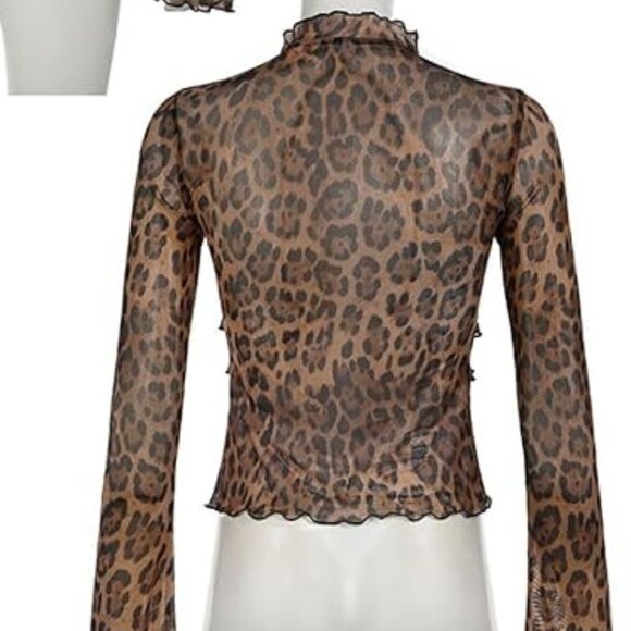 Sheer Mesh Top Leopard Cardigan Cheetah Y2K Ruffle Tie Front Blouse Large NWT - Picture 7 of 9